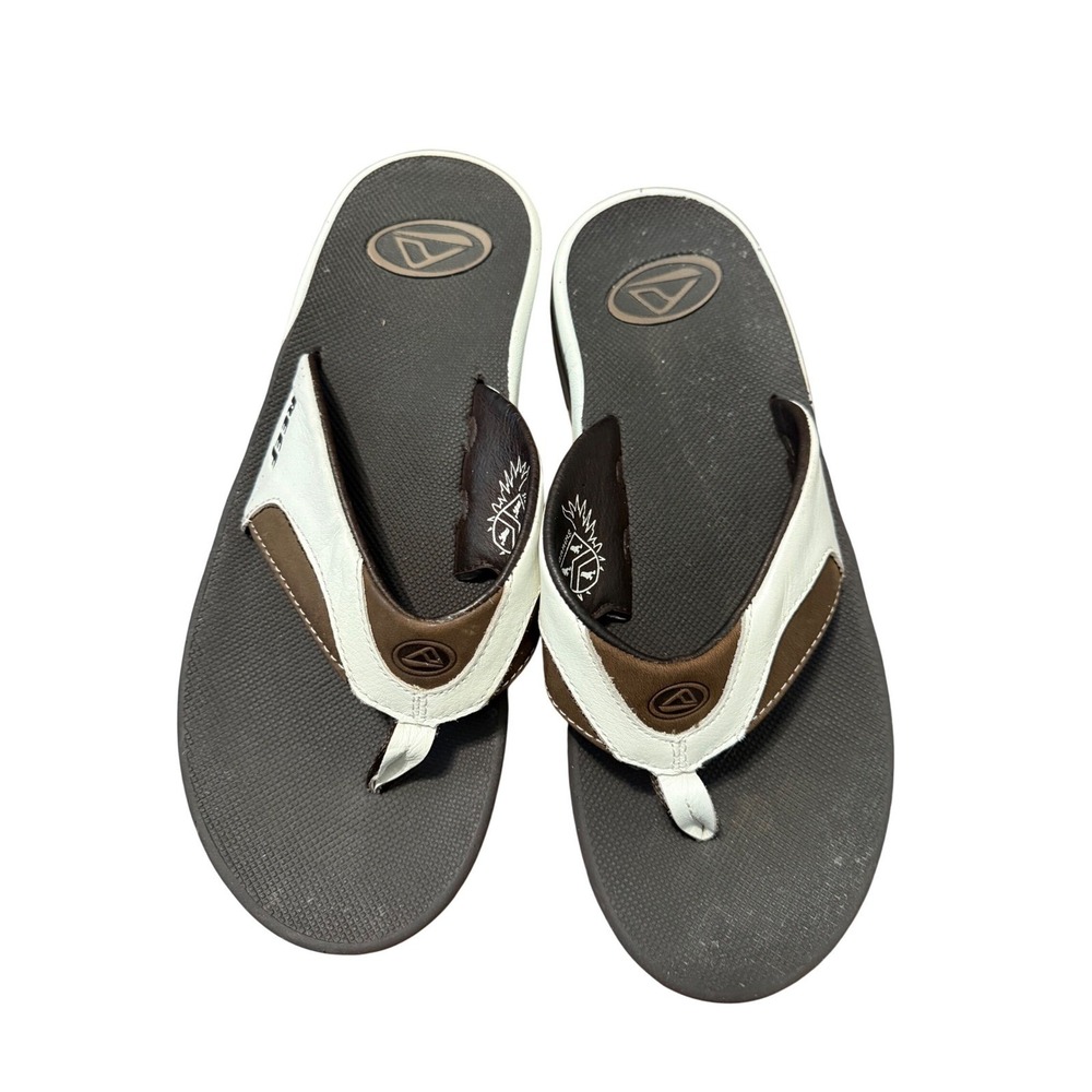 Reef Fanning Mens Brown White Leather Flip Flops Bottle Opener Sandals Size 11